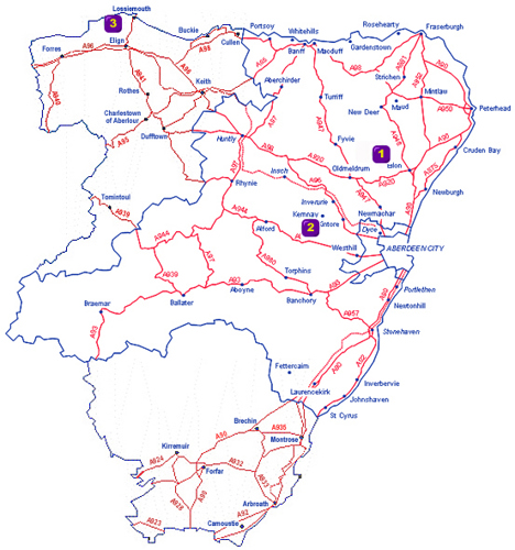 Map of Aberdeenshire showing the locations of standing stones