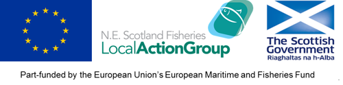 North East Scotland Fisheries Local Action Group Logo, this includes text at the bottom stating that this is part-funded by the European Union's European Maritime and Fisheries Fund.
