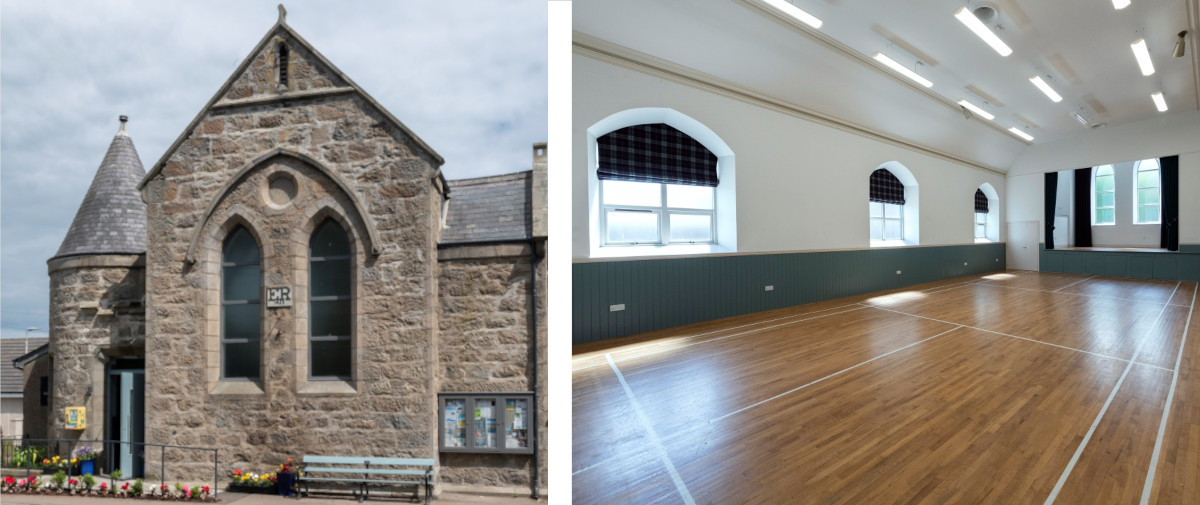 Collage of two images, stone building and inside showing gym hall