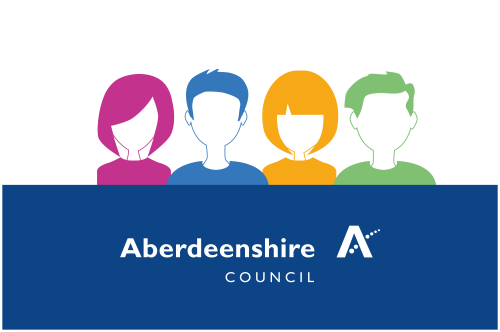 A stylised graphic showing four featureless heads in a row, in pink, blue, orange and green. The Aberdeenshire Council logo is below on a blue background. 