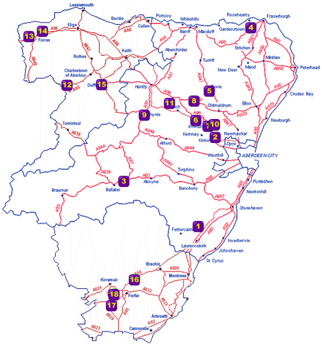 Map of Aberdeenshire showing the locations of Pictish Symbol Stones