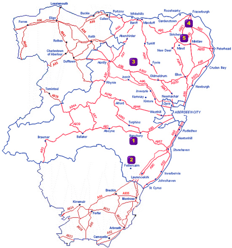 Map of Aberdeenshire showing the locations of Cairns