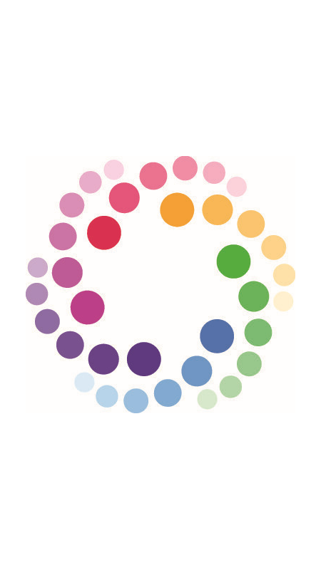 A multi-coloured circular logo, made up of six repeated waves of six circles, each wave with a different colour scheme. 