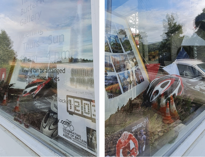 The Butterworth Gallery shop front showing their window dressing for Tour of Britain