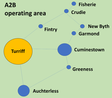 Map showing all the areas covered by the Turriff rural A2B service