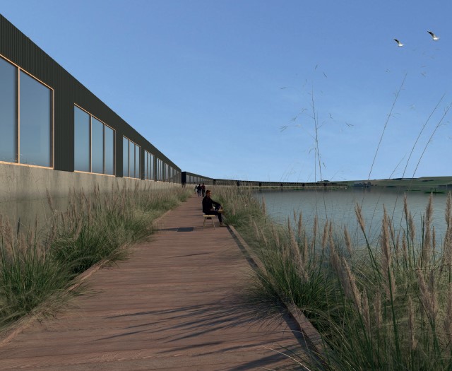Computer generated, building on left, walkway with benches in centre and body of water with grass area on right