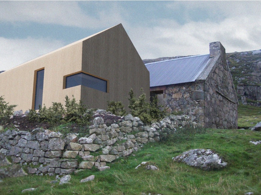 Computer generated timber panel building in front of a real stone building