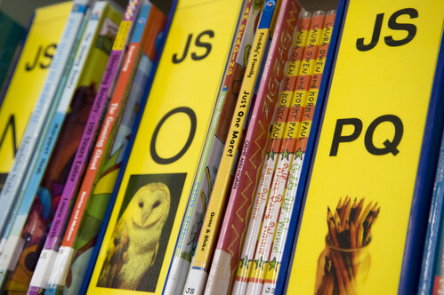 An image of library books on a shelf, with yellow alphabetical sections featuring letters and graphics, such as O with a picture of an owl.  