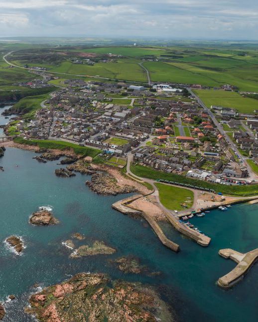 An aerial photograph of Boddam Harbour.