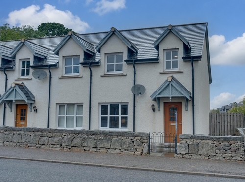 Street view of front of 9 Main Road, Echt, end-terrace house