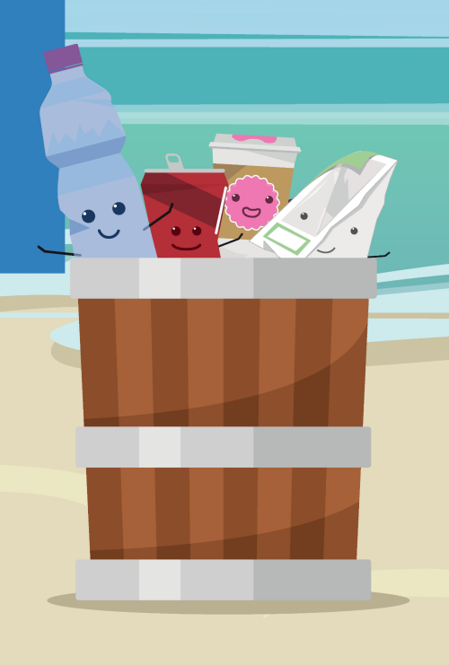 A cartoon style image of a bin on a beach which contains various items of food packaging with smiling faces. 