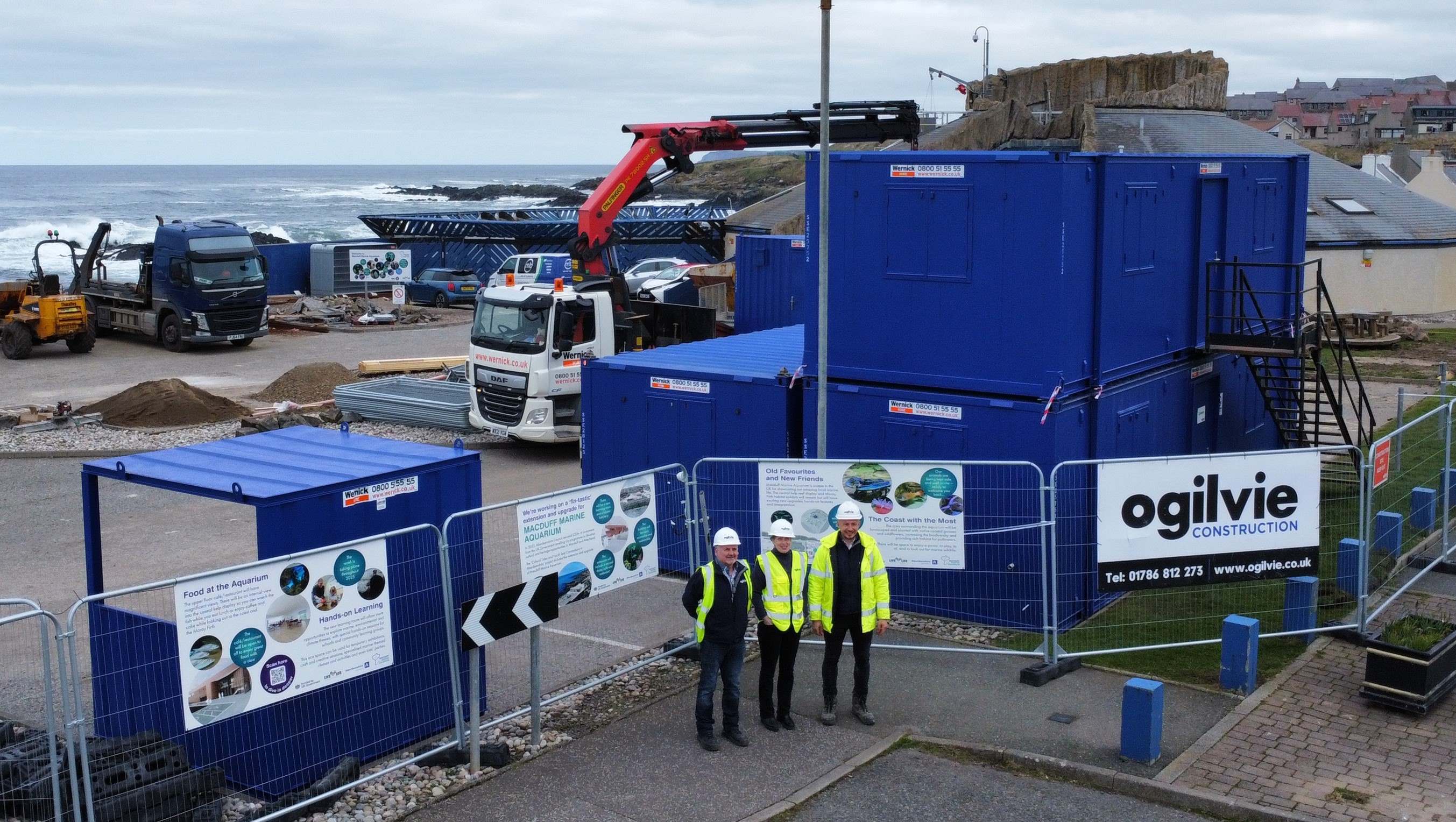 Pictured (left to right) are Ogilivie Construction project site manager (main works) Dave Brewis, Macduff Marine Aquarium manager Claire Matthews and Ogilvie project site manager (landscaping works) Lucjan Binkowicz 