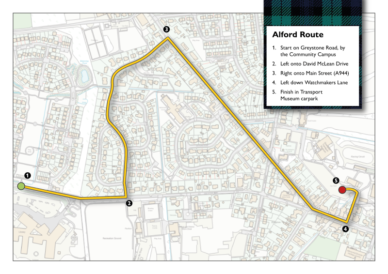 A graphic showing a map of Alford town centre highlighting the route of the Freedom of Aberdeenshire parade