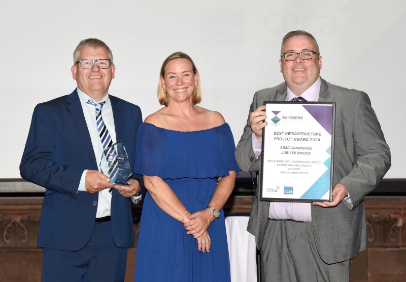 Aberdeenshire Council structures engineer Graeme Fisher (left) with Richard Henderson, site manager for Wills Bros Civil Engineering Ltd, receiving the Best Infrastructure Project for the Gairnshiel Jubilee Bridge project from host Arlene Stuart