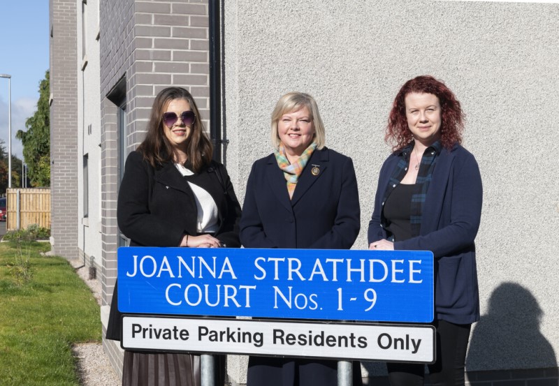 Provost of Aberdeenshire Cllr Judy Whyte (centre) with Jennifer Murchie (left) and Nicola Greig at Joanna Strathdee Court, Huntly.