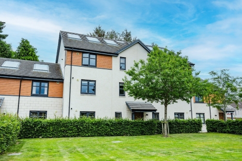 Front of property with an area of grass, some shrubbery, and trees.
