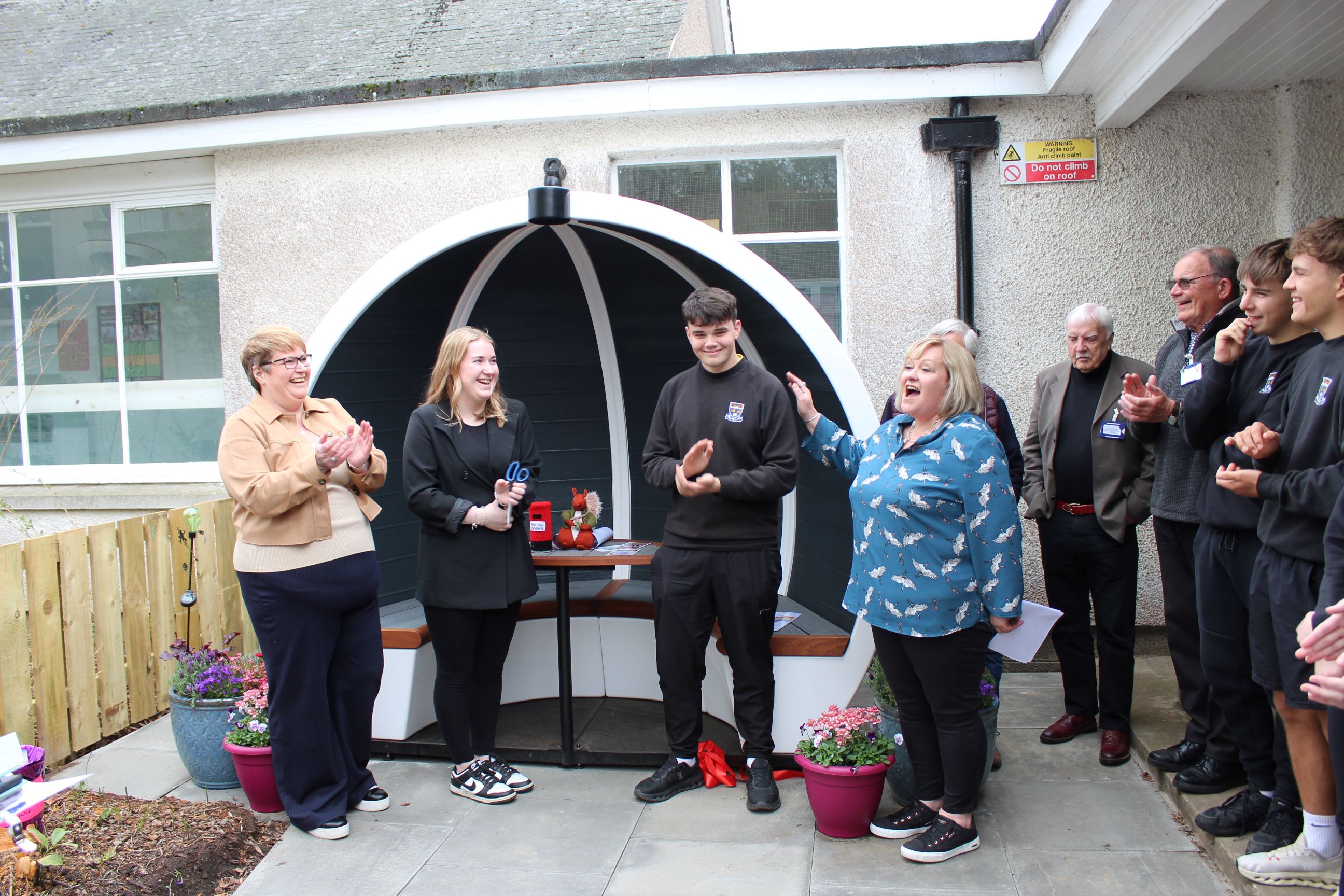 Leanne and Theresa with Aboyne Academy pupils at the opening of the pod