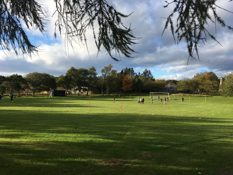 A picture of playing fields with grass and trees and children playing football at Drumlithie