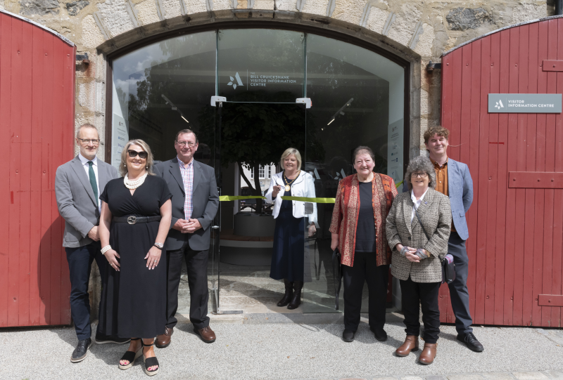 Provost of Aberdeenshire Judy Whyte is pictured cutting the ribbon to formally open the new Bill Cruickshank Visitor Information Centre at Aden Country Park. Also pictured (from left) are Tom Ingrey-Counter of the National Lottery Heritage Fund, Buchan Area Committee Chair Cllr Dianne Beagrie, William Cruickshank and Lorna Stirling, son and daughter of Bill, Council Leader Cllr Gillian Owen and Aden project coordinator Neil Shirran.