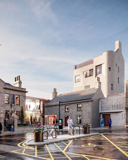 An artist's impression of the museum of Aberdeenshire and Peterhead Library project, showing a completed development. 