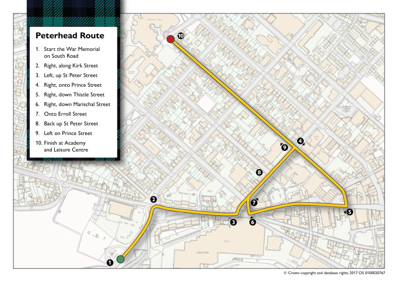 An image showing a map of Peterhead town centre to highlight the route of the Freedom of Aberdeenshire parade