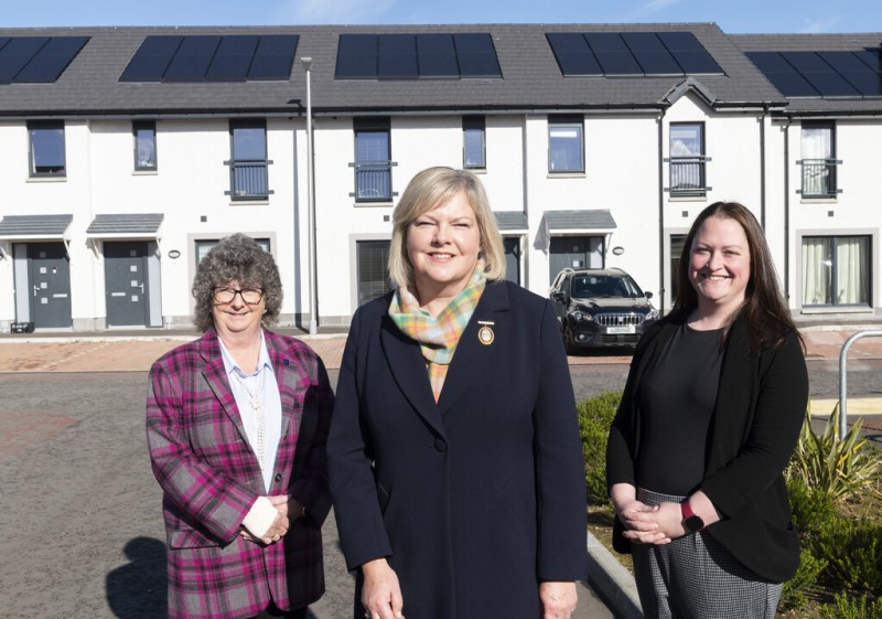 From left: Leader of Aberdeenshire Council Cllr Gillian Owen, Provost of Aberdeenshire Cllr Judy Whyte, and Opposition Leader Cllr Gwyneth Petrie at the Sheena Sharp development in Huntly.