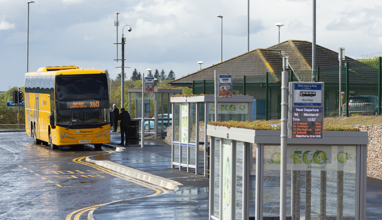 Ellon Park and Ride on its completion showing eco friendly bus shelters